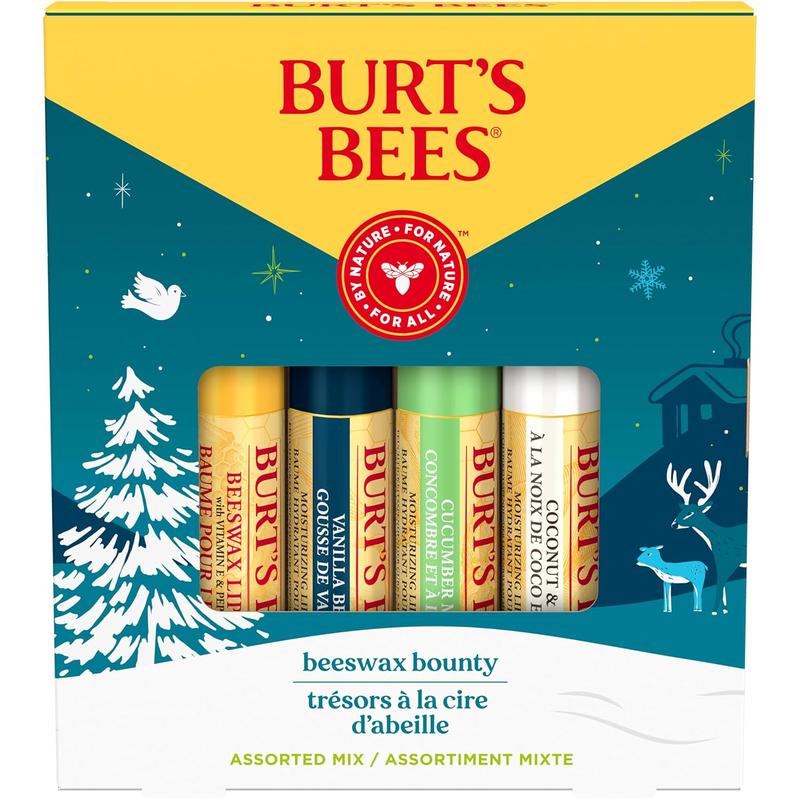 Burt's Bees Christmas Gifts, 4 Lip Balm Stocking Stuffers Products, Assorted Mix Set - Classic Beeswax, Vanilla, Cucumber Mint & Coconut and Pear (4-Pack)