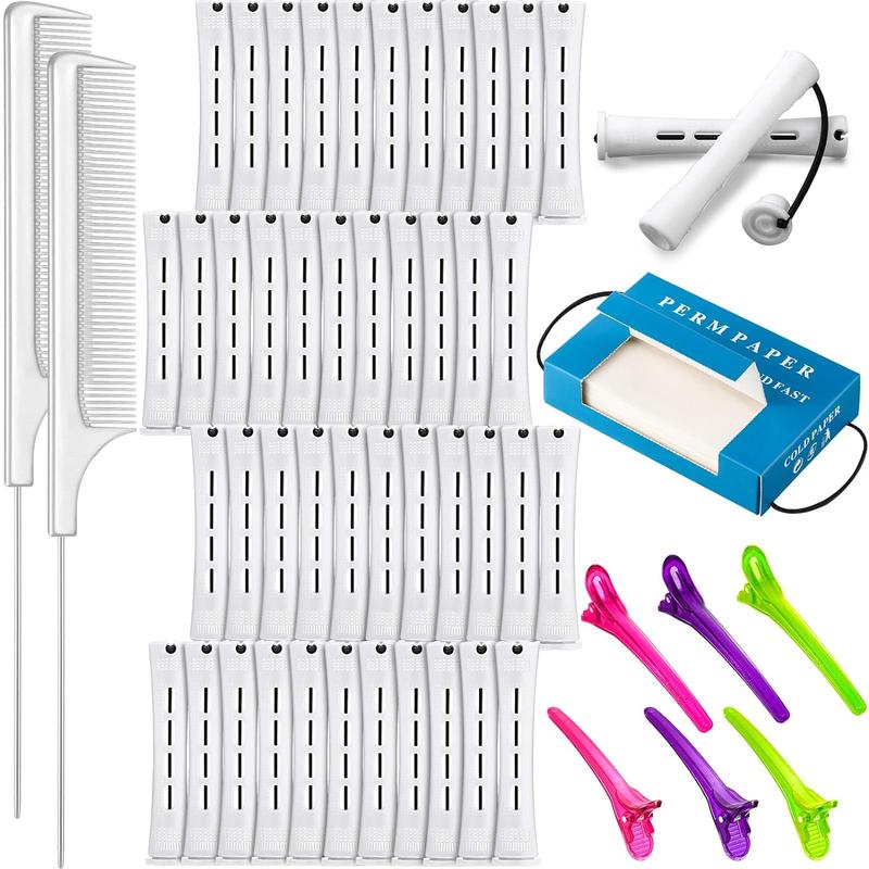 48 counts Hair Perm Rods Plastic Cold Wave Rod Perming Rod Curlers Hair Roller, 2 counts Steel Pintail Comb Rat Tail Comb, 350 counts Perm Paper 6 counts Duck Bill Clip for Hairdressing Styling (White)