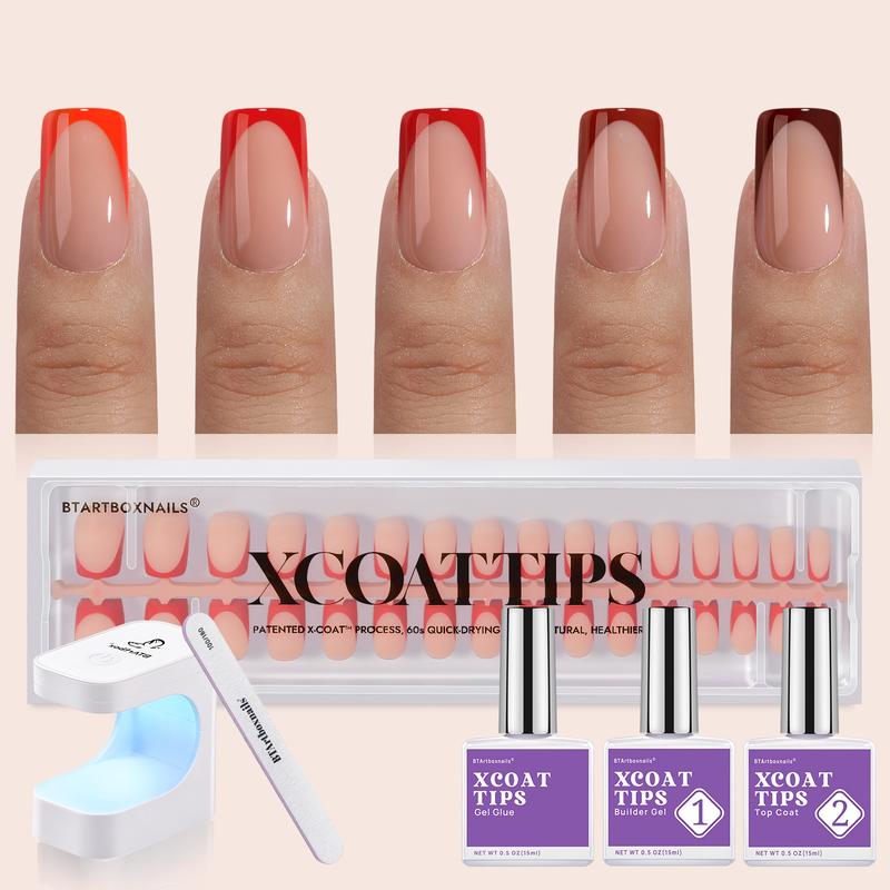 btartboxnails XCOATTIPS French Tip Press on Nails - Square or Almond Christmas Red Press On Nails , 46.99$ short Fake Nails Kit with UV Glue, Nails Lamp, All in One Soak Off Acrylic Fake Nail Extension