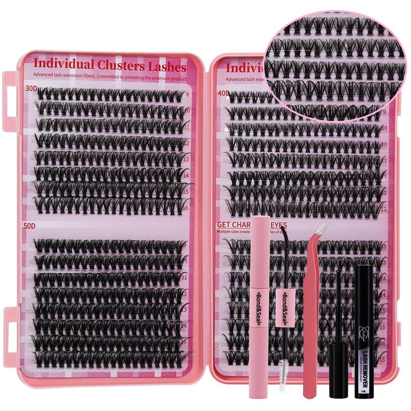 Individual False Eyelashes Kit, 1 Set Reusable Self Grafting Curl Eyelashes & Tweezers & Bond & Seal & Glue Remover, Eye Makeup Enhancement Tool, Christmas Gift