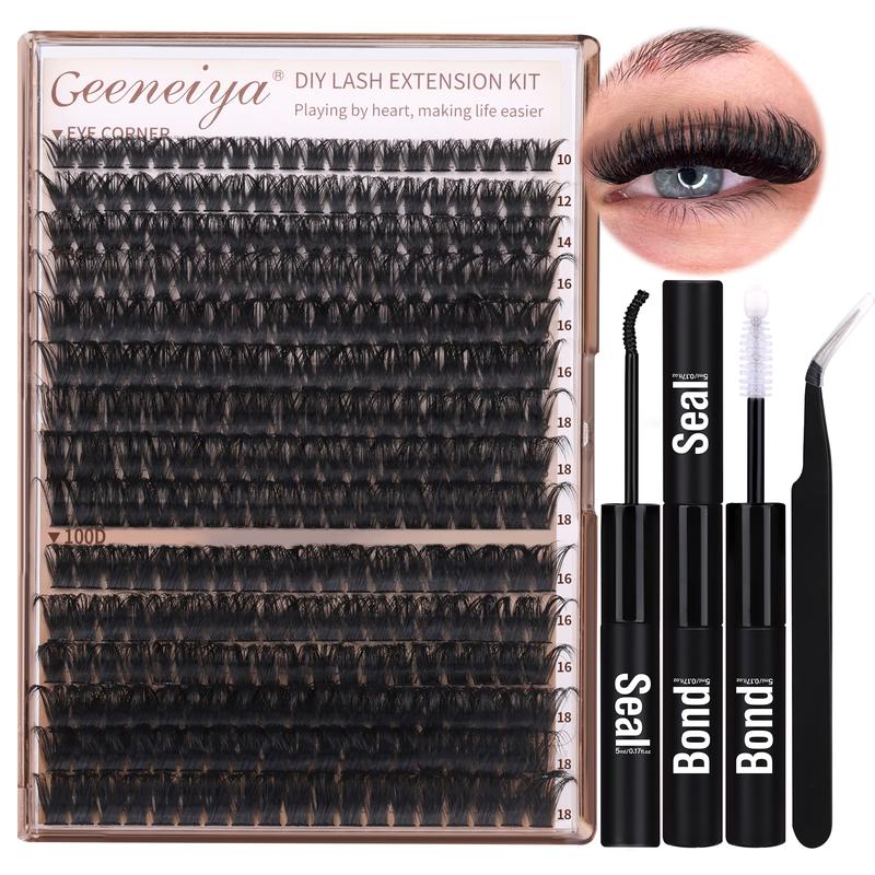 Volume Lash Clusters Kit DIY Lash Extension Kit D Curl Eyelash Extensions with Lash Bond and Seal Waterproof Tweezers,10-14mm Eye Corner Eyelashes and 16-18MM Cluster Lashes(300PCS,80D+100D)