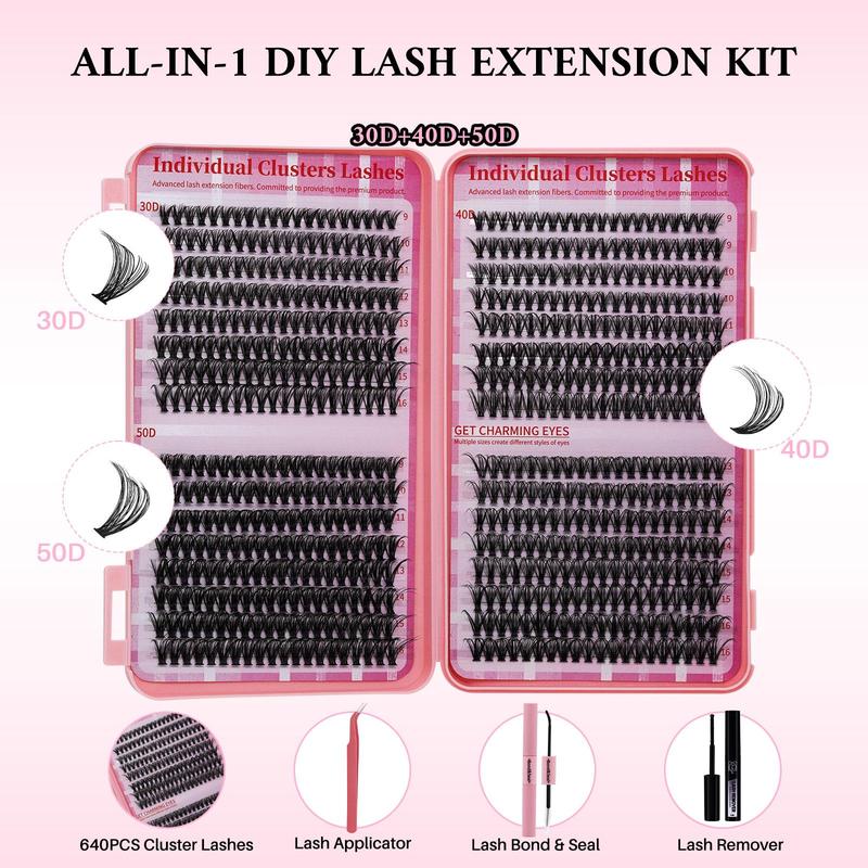 Individual False Eyelashes Kit, 1 Set Reusable Self Grafting Curl Eyelashes & Tweezers & Bond & Seal & Glue Remover, Eye Makeup Enhancement Tool, Christmas Gift