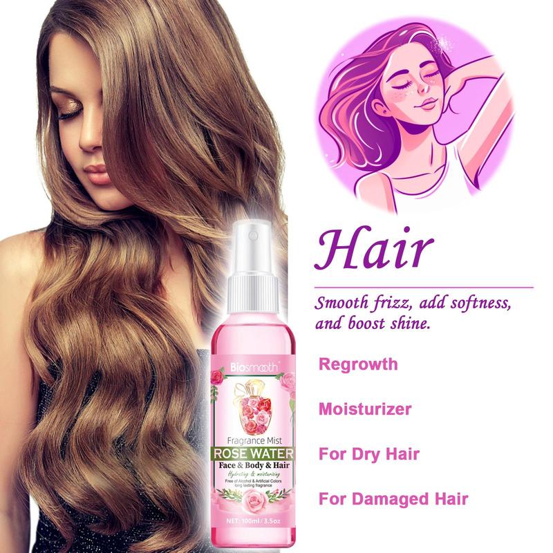 100ml Rose Water Body Mist for Dry & Damaged Skin, Gentle Rosewater Spray for Skin & Hair Use, Hydrating Facial Care Mist for Long-lasting Fragrance