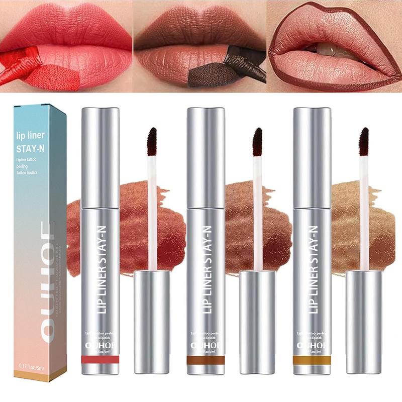 3PCS Peel Off Lip Liner Stain, Burgundy Red & Dark Brown & Golden Brown Long Lasting Lip Stain Peel Off, Infused with Hyaluronic Acid & Vitamin E