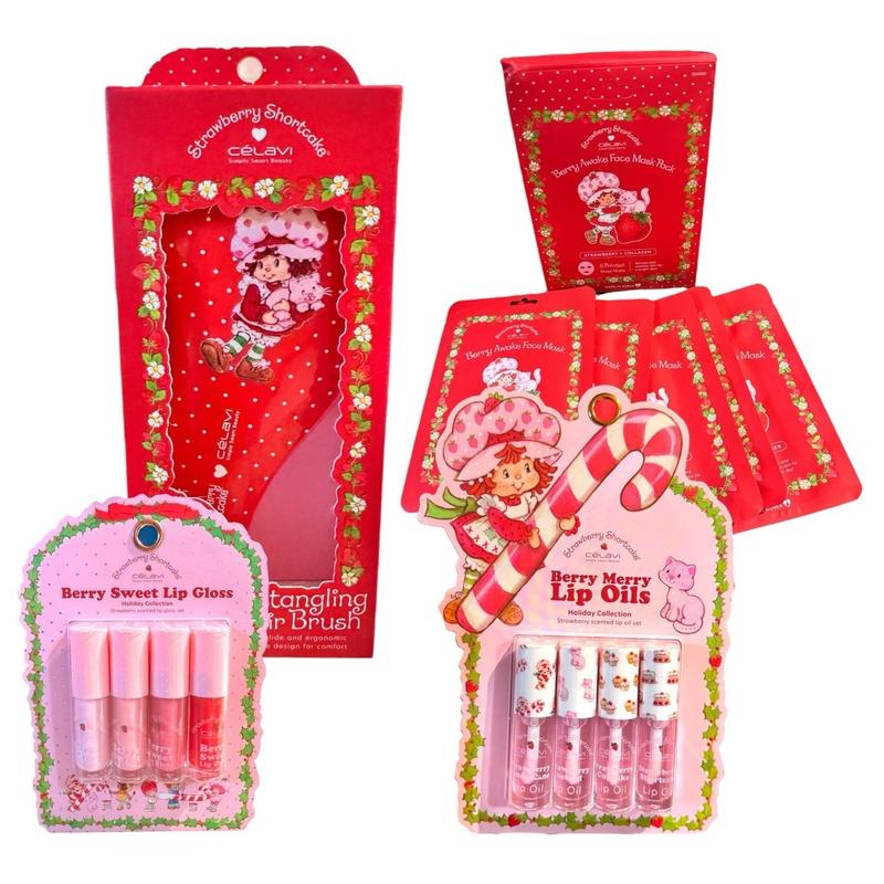 Berry Sweet Strawberry 3-pc Essential Shortcake Celavi Set!  5-pc Strawberry+Collagen Printed Sheet Masks 1-pc Detangling Hair Brush  4-pc Holiday Collection Scented Lip Gloss Set