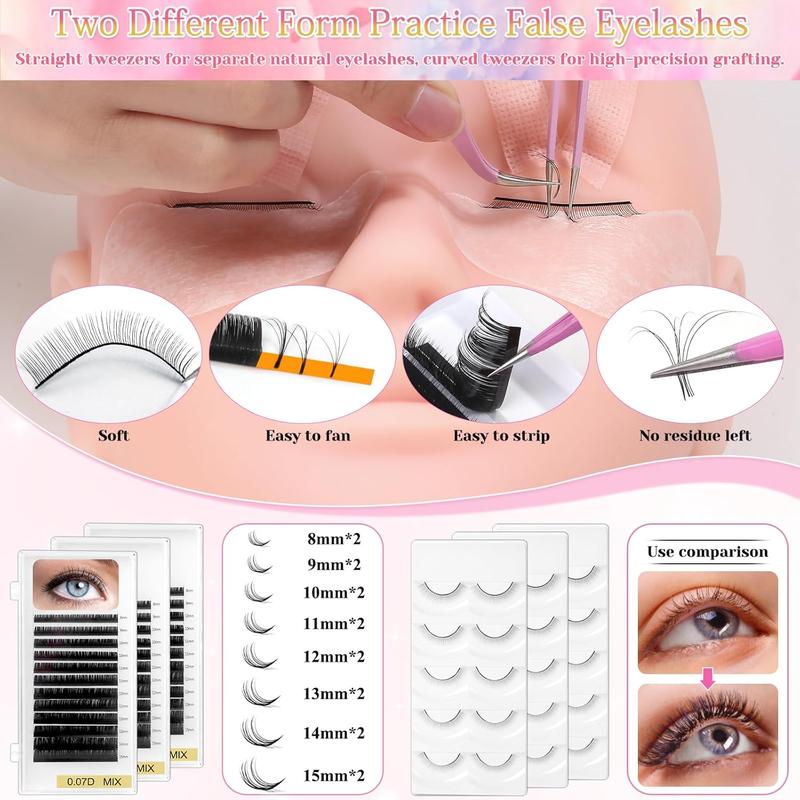 Lashes Kit for Eyelash Extension Beginners 470 count Professional Lash Mannequin Head Practice Kit with Everything Lash Glue Lash Shampoo Lash Fan, Lash Extension Supplies for Practice Training