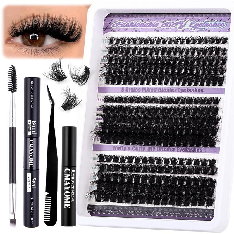 Natural Eyelash Extensions Set, 1 Box Mixed Length Individual False Eyelashes with Eyelash Glue & Tweezers & Brush & Lash Remover, Eye Makeup Accessories