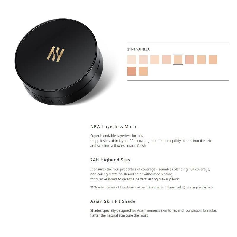 [ HERA ] Black Cushion Foundation 15g with Refill, Matte Cover #21N1 Vanilla Concealer Flawless Lightweight Makeup Contour Gel Cosmetic Powder Aluminum