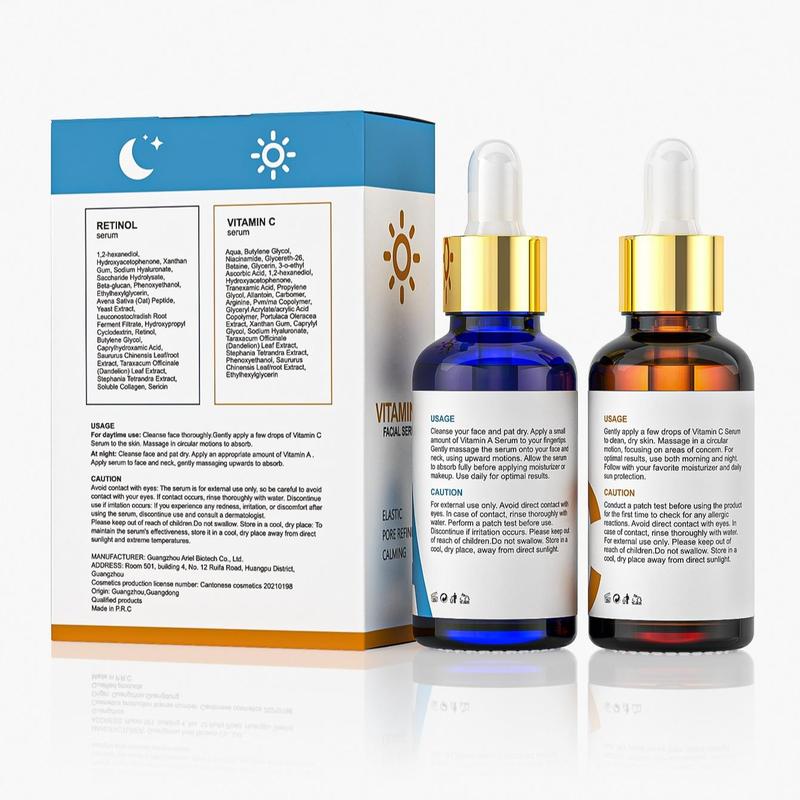 Vitamin C & Retinol Face Serum, 2 Counts set Day and Night Moisturizing Firming Essence, Hydrating Facial Serum, Skin Care Product for Women & Men