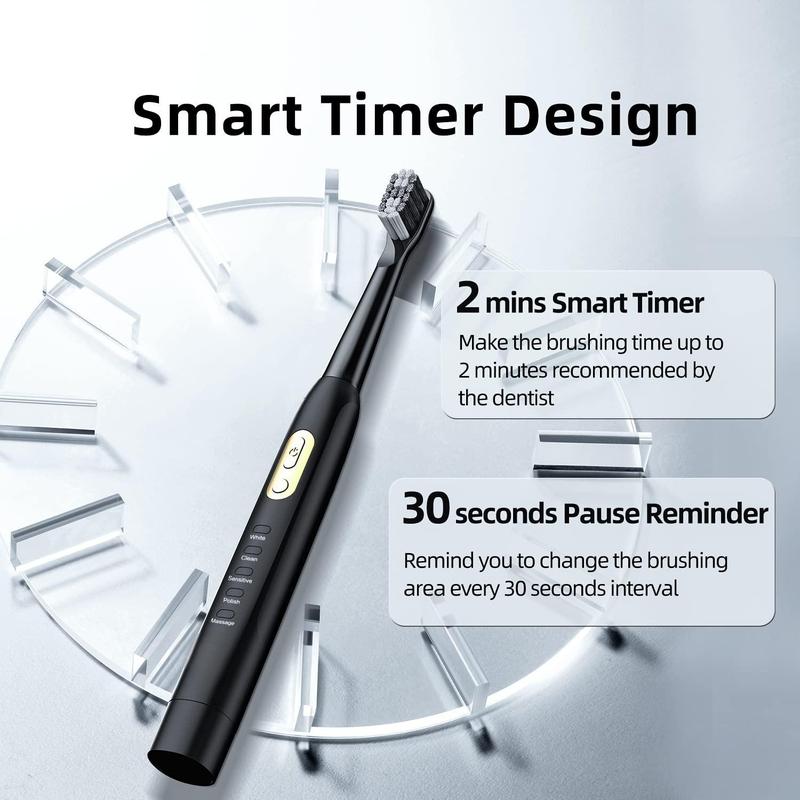 Adult Sonic Toothbrush, 3 Brush Heads, 5 Modes Waterproof, Battery Electric Toothbrush Built-in 2 Minute Timer 40,000 VPM Black