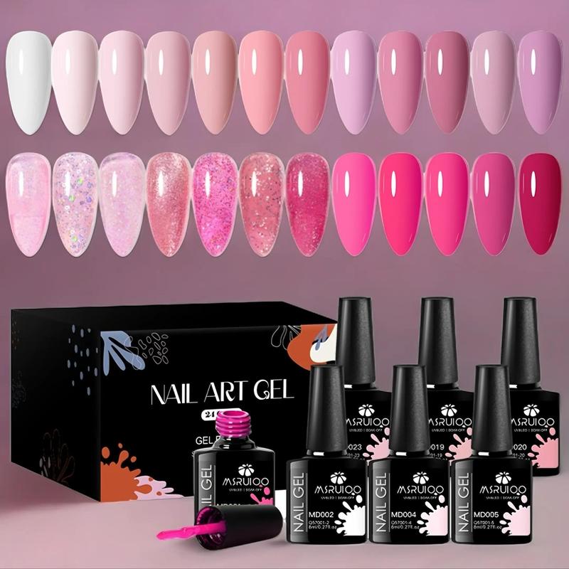 Pink Collection Gel Nail Polish Set, 24pcs set Pink Nude Glitter Colorful UV Gel, Semi Permanant Long Lasting Gel Nail Art Gift, Nail Art DIY for Women & Girls