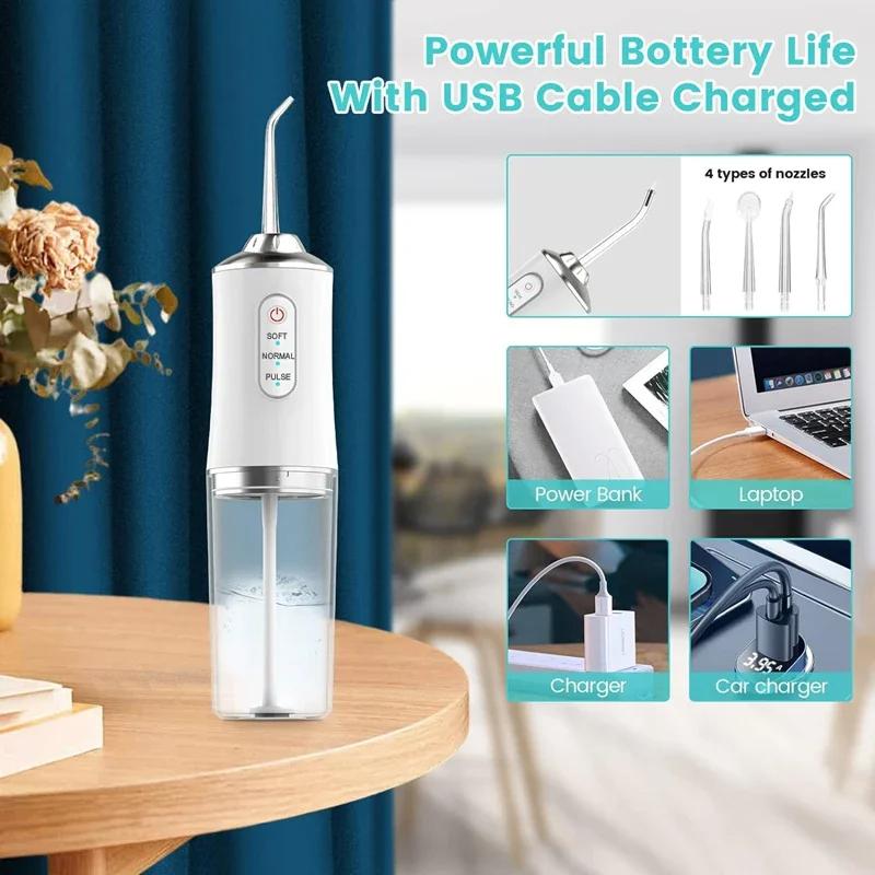 Cordless Water Flosser, 3 Modes, 4 Nozzles, USB Rechargeable, Ideal for Home & Travel Oral Care