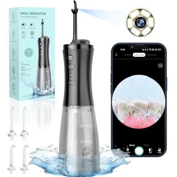 VITCOCO Visual Water Dental Flosser Waterpik with 3-Nozzle, Water Flosser with Camera for Teeth, Rechargeable Water Pick with 12-Gear and IPX7 Waterproof for Android and iOS (Black) Oral