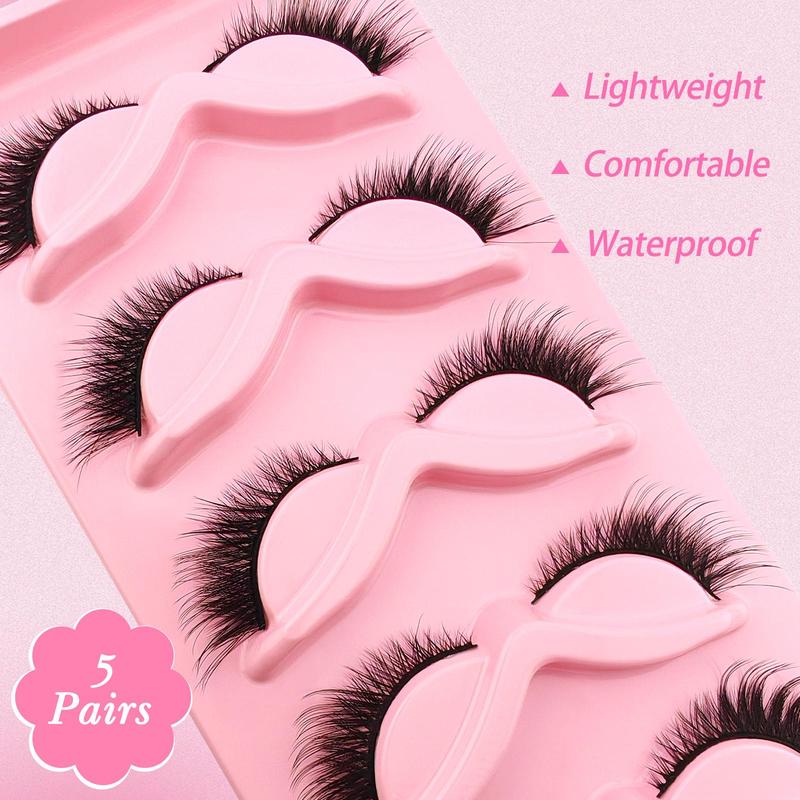 Fluffy False Eyelashes, 5 Pairs Cat Eye Look Faux Cluster Lashes, Natural Curling Eye Makeup Strip Lashes, Full Volume Eyelash for Lashes Extensions