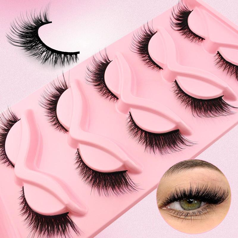 Fluffy False Eyelashes, 5 Pairs Cat Eye Look Faux Cluster Lashes, Natural Curling Eye Makeup Strip Lashes, Full Volume Eyelash for Lashes Extensions