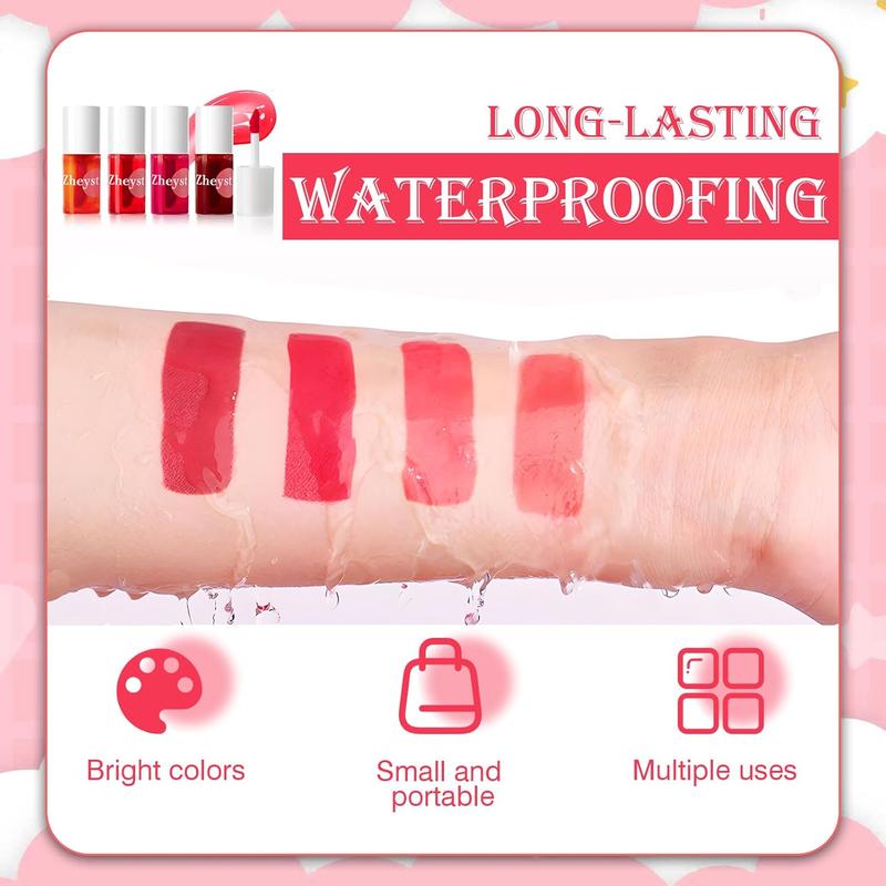 Lip Tint Korean Stain Set, 4 Colors Tinta Para Labios Waterproof Long Lasting Plumping Lip & Cheek Tint Moisturizing Non-sticky Easy Apply Mini Water Lipstick(Apple& Strawberry& Watermelon& Cherry)