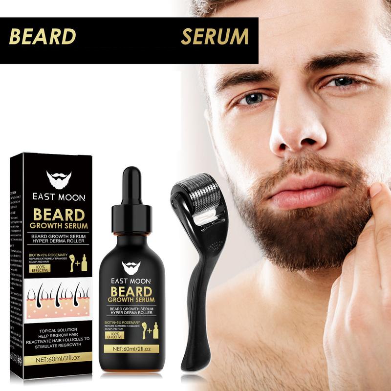 EAST MOON Beard Serum & Beard Massage Derma Roller, 2 Counts Beard Care Set for Strengthening Beard, Beard Care Product & Tool for Men, Comfort Hair Care Supplies,  Back To School, Deals for You Days