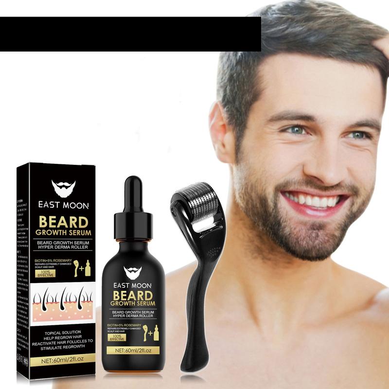 EAST MOON Beard Serum & Beard Massage Derma Roller, 2 Counts Beard Care Set for Strengthening Beard, Beard Care Product & Tool for Men, Comfort Hair Care Supplies,  Back To School, Deals for You Days