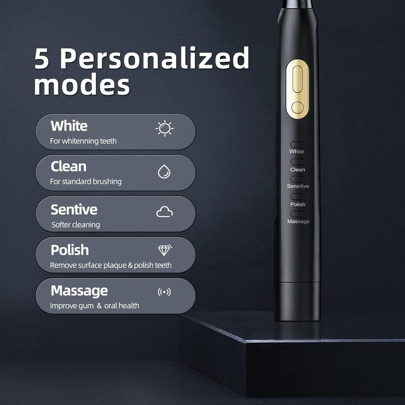 Adult Sonic Toothbrush, 3 Brush Heads, 5 Modes Waterproof, Battery Electric Toothbrush Built-in 2 Minute Timer 40,000 VPM Black