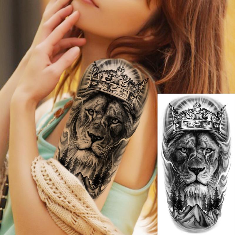 36 Sheets Realistic Skull Tiger Wolf Lion Temporary Tattoos For Women Men Arm Sleeve, 3D Halloween Temp Tattoos Adults Compass Black Rose Flower, Bulk Fake Tattoos That Look Real And Last Long