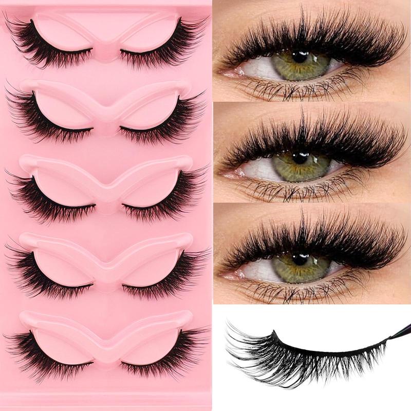 Fluffy False Eyelashes, 5 Pairs Cat Eye Look Faux Cluster Lashes, Natural Curling Eye Makeup Strip Lashes, Full Volume Eyelash for Lashes Extensions