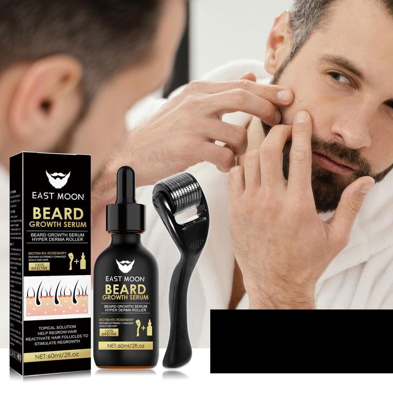 EAST MOON Beard Serum & Beard Massage Derma Roller, 2 Counts Beard Care Set for Strengthening Beard, Beard Care Product & Tool for Men, Comfort Hair Care Supplies,  Back To School, Deals for You Days