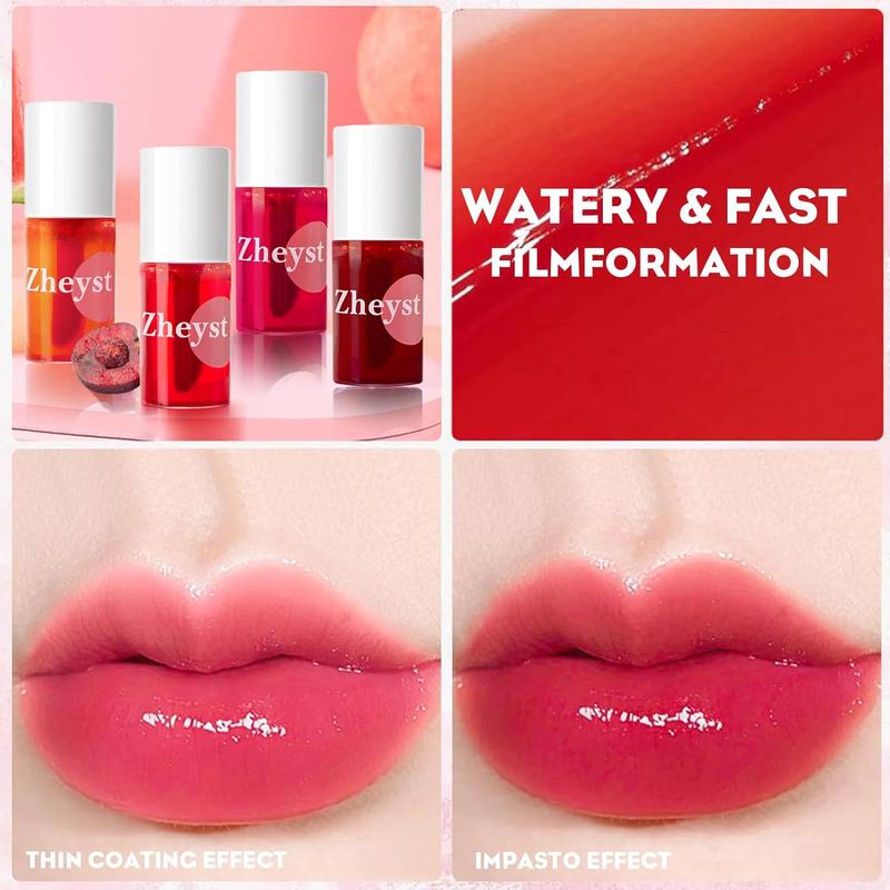 Lip Tint Korean Stain Set, 4 Colors Tinta Para Labios Waterproof Long Lasting Plumping Lip & Cheek Tint Moisturizing Non-sticky Easy Apply Mini Water Lipstick(Apple& Strawberry& Watermelon& Cherry)