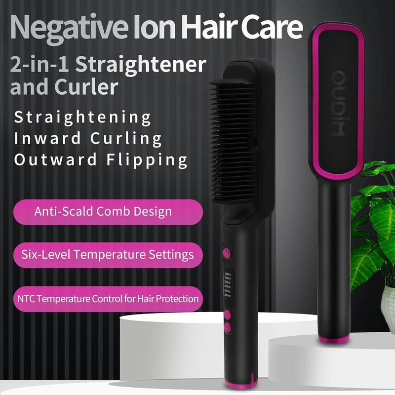 Negative Ionic Hair Straightener Brush for Women with 6 Temperature Settings, 30s Fast Heat, Anti-Scald Design, Good for Different Types of Hair, auto Shuts Off