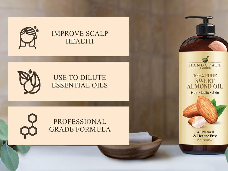 Handcraft Blends Sweet Almond Oil - 16 Fl Oz - 100% Pure and Natural - Premium Grade Oil for Skin and Hair - Carrier Oil - Hair and Body Oil - Massage Oil - Cold-Pressed and Hexane-Free