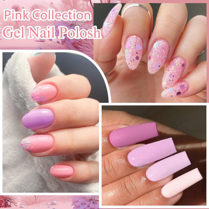 Pink Collection Gel Nail Polish Set, 24pcs set Pink Nude Glitter Colorful UV Gel, Semi Permanant Long Lasting Gel Nail Art Gift, Nail Art DIY for Women & Girls