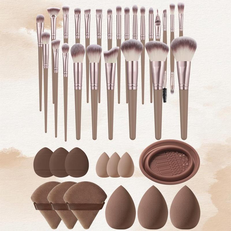 Makeup Tool Set, Including 25pcs Makeup Brush, 6 Counts Makeup Sponge, 3 Counts Finger Powder Puff, 3 Counts Triangle Puff, 1 Count Makeup Brush Cleaning Bowl, Professional Makeup Tools for Beginners