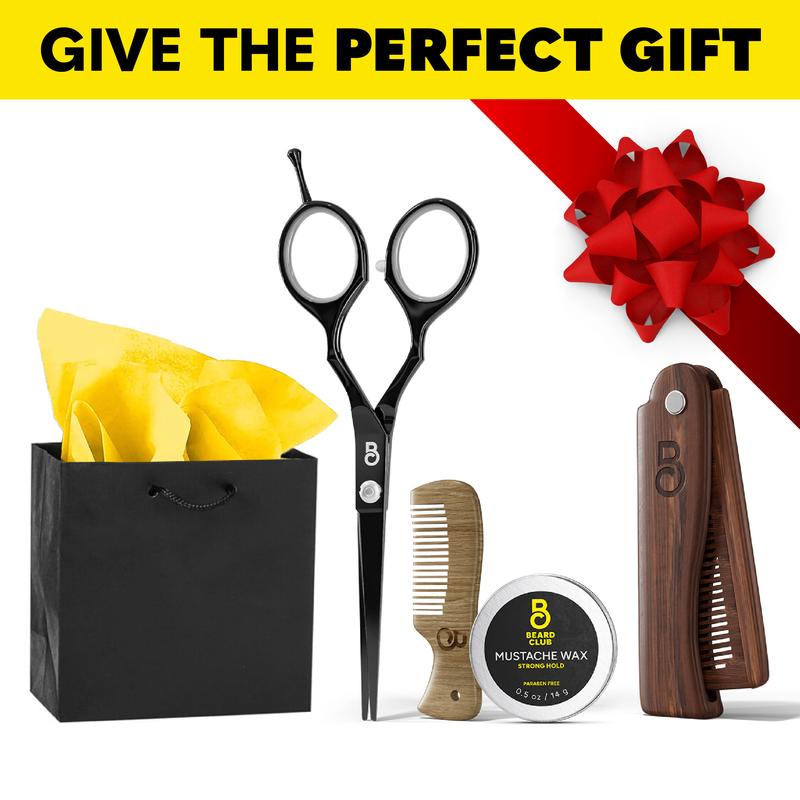 Mustache Care Gift Kit - Beard Club - Gift Wrap Included - Mustache Wax with Essential Oils, Coconut Oil, & Shea Butter Plus Trimming Scissors, Mustache & Folding Combs Gift