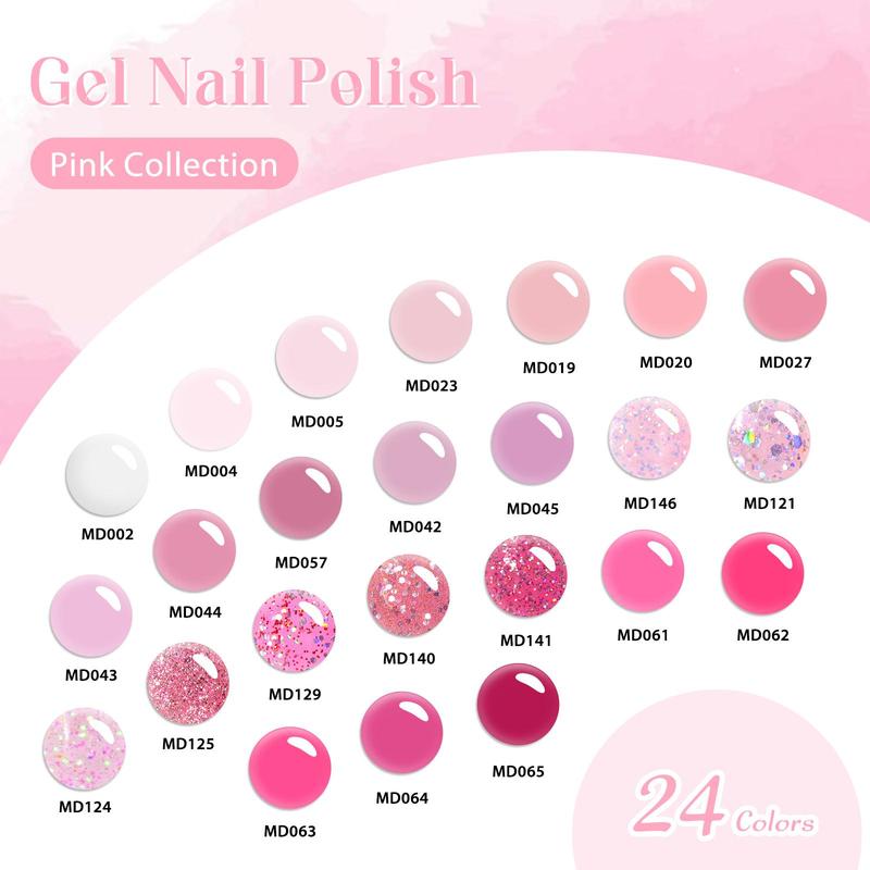 Pink Collection Gel Nail Polish Set, 24pcs set Pink Nude Glitter Colorful UV Gel, Semi Permanant Long Lasting Gel Nail Art Gift, Nail Art DIY for Women & Girls