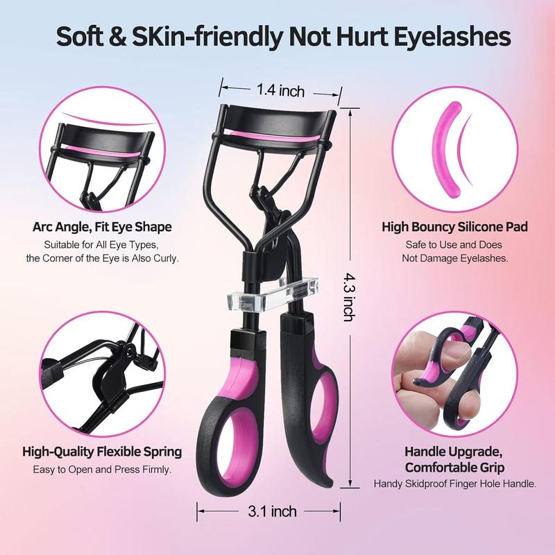 Eyelash Curlers Kit for Women w Lash Curler, Eyelash Comb Seperator, 3 in1 Mascara Brushes, Eyelash Extension Tweezers, Foldable Eyebrow Brush and Comb, 10 Silicone Refills Pads for Natural Eyelashes