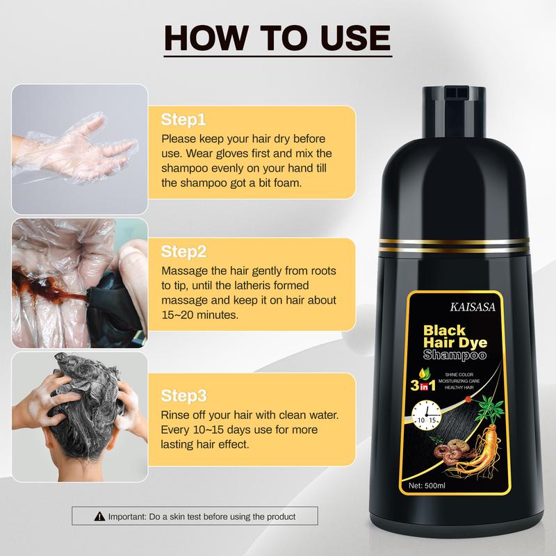 KAISASA Black Hair Dye Shampoo 3 in 1,Can cover gray hairs,Herbal Ingredients,Contains Ginseng Extract,Natural Haircoloring, Plant Haircare