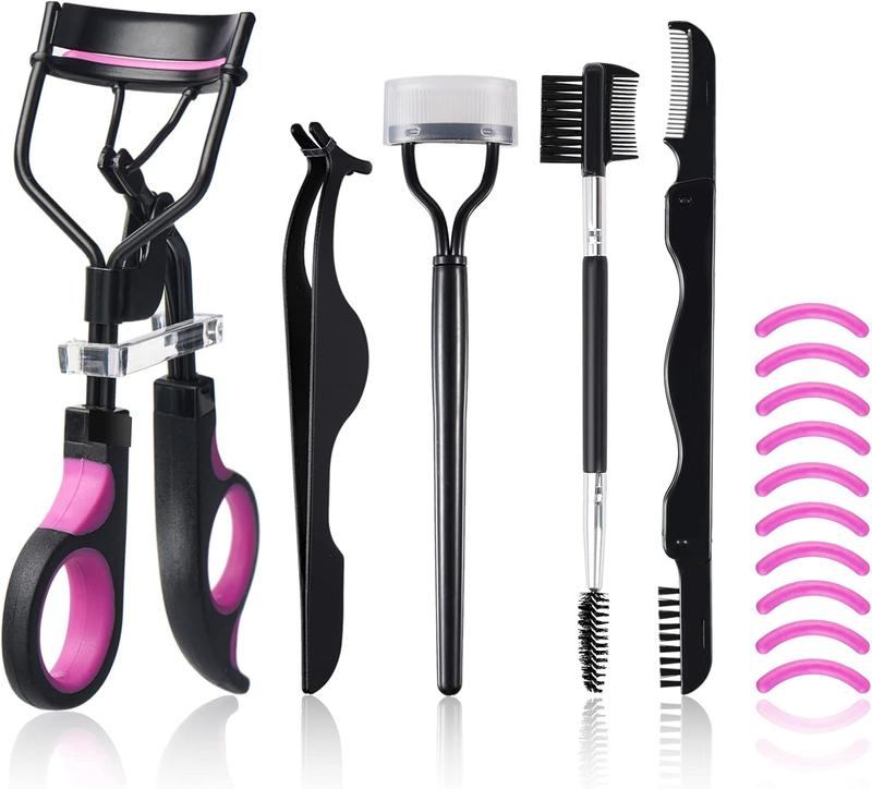 Eyelash Curlers Kit for Women w Lash Curler, Eyelash Comb Seperator, 3 in1 Mascara Brushes, Eyelash Extension Tweezers, Foldable Eyebrow Brush and Comb, 10 Silicone Refills Pads for Natural Eyelashes