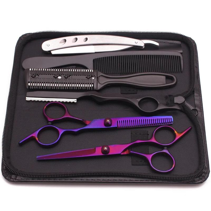 Hairdressing Scissors Haircut Set (6 Counts set), Hairdressing Scissors, Thinning Scissors, Black Razor Combs, Professional Hair Styling Tools for Salon & Barber Shop