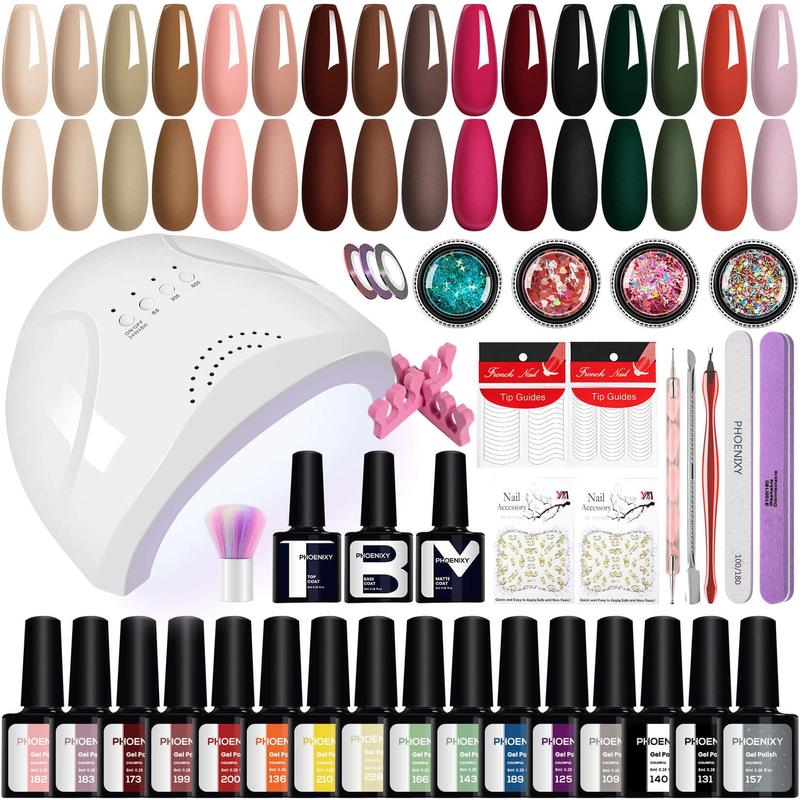 42Pcs Gel Nail Polish Kit with Sixteen Colors, 48W LED Nail Lamp, Soak-off Gel Polishes, Glossy Manicure Set, Perfect Gift for Women