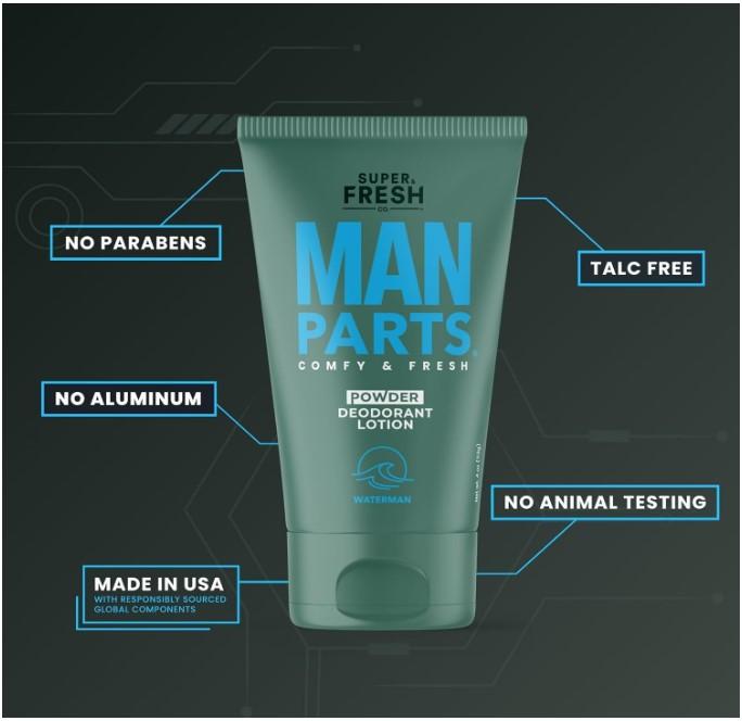 Super Fresh Man Parts Ball Deodorant for Men - POWDER LOTION - Mens Hygiene Cream for Groin, Butt, & Body - Fresh Control Odor, Anti Chafing, Stop Itch, Absorb Sweat - Aluminum Free - 4 oz Tube