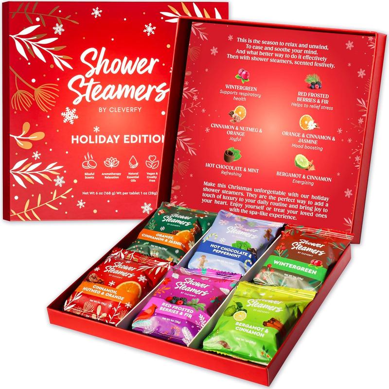 Cleverfy Shower Steamers Aromatherapy - Limited Edition Holiday Gift Set of 6 Shower Bombs with Essential Oils. Self Care Stocking Stuffers for Women and Men, Christmas Gifts for Women and Men.