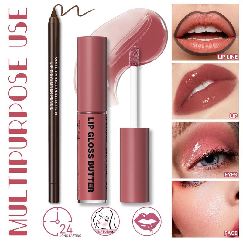 Cosmetic Butter Lip Gloss and Moisturizing High Shine Liquid Lipstick Set with Brown Lip Liner for Non-Sticky Plumping Brown Lip Glow Makeup Dark Brown Glossy Lip Care