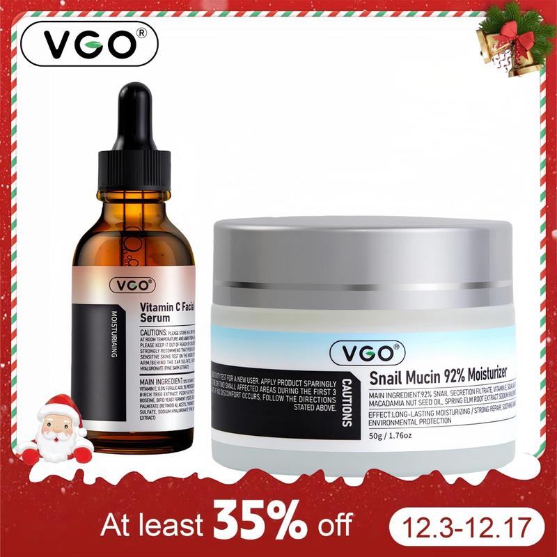 VGO Snail Mucin 92% Moisturizer Daily Face Gel Cream for Dry & Sensitive Skin,Cleanser Moisturizing Skincare,Face Serum,Serum for Women and Men and VGO Vitamin C Facial Serum Essence,30ml 60ml Moisture Cleansing Set