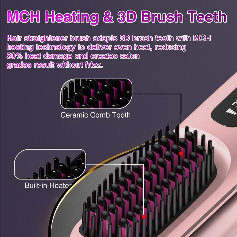 A Cordless Hair Straightener Brush oval brush Portable Negative Ion Hot Comb Long Battery Life with USB Rechargeable Feature Fast Heating Anti-Scald 3 Temp Settings , 20Mins Auto-Off, for Travel