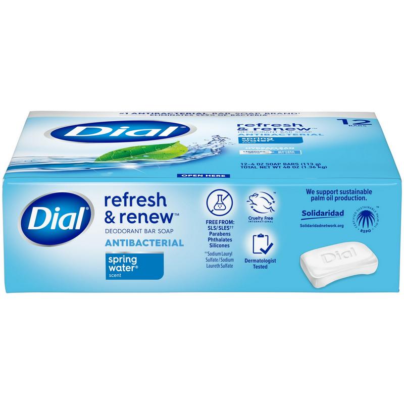 Dial Antibacterial Bar Soap, Refresh & Renew, Spring Water, 4 oz, 12 Bars (PREESHIP)