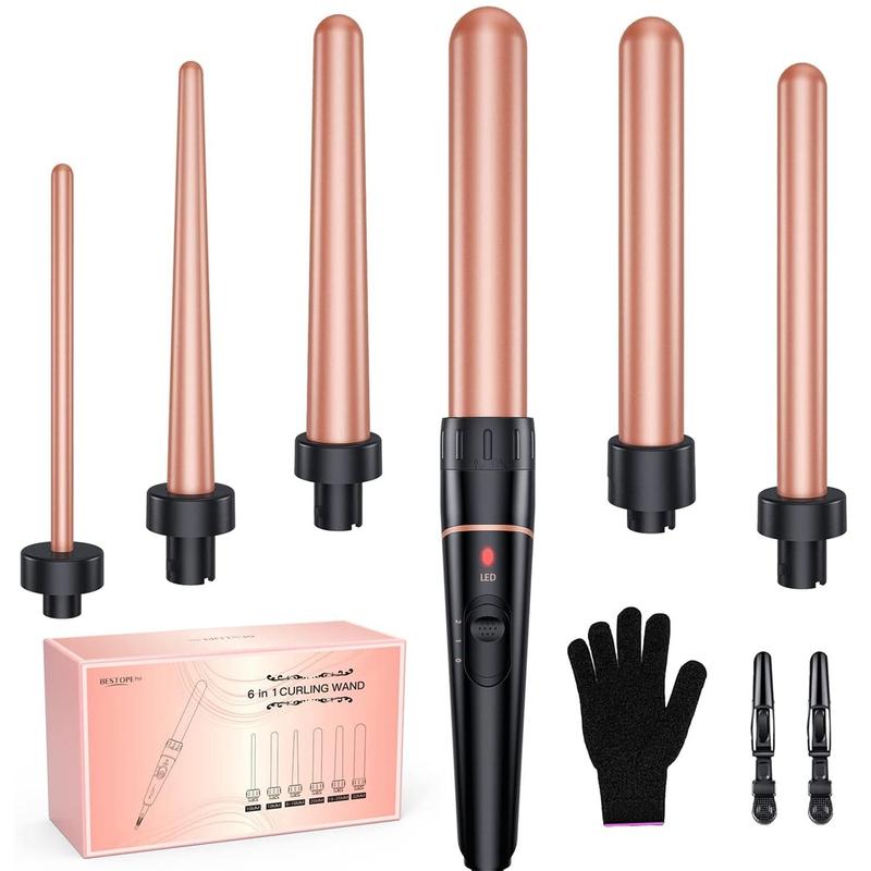 6 in 1 Curling Iron Wand Set, 1 Set Dual Voltage Ceramic Barrel Hair Curler with Glove & Clips, Hair Styling Tool for Home & Salon Use