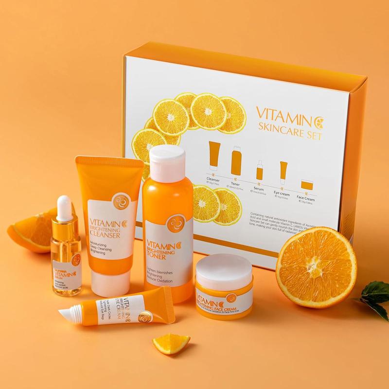 Vitamin C Skincare kit, 5 Counts set Facial Cleanser & Refreshing Toner & Facial Moisturizer & Eye Cream & Hydrating Face Essence & Sun Care Cream