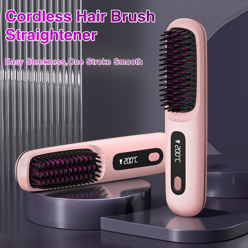 A Cordless Hair Straightener Brush oval brush Portable Negative Ion Hot Comb Long Battery Life with USB Rechargeable Feature Fast Heating Anti-Scald 3 Temp Settings , 20Mins Auto-Off, for Travel