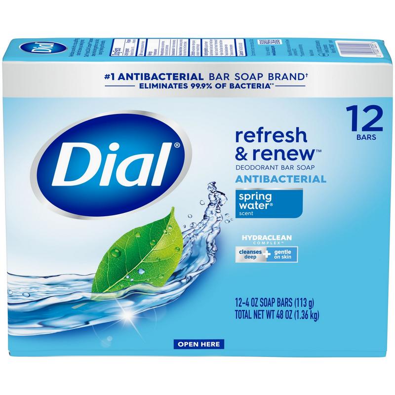 Dial Antibacterial Bar Soap, Refresh & Renew, Spring Water, 4 oz, 12 Bars (PREESHIP)