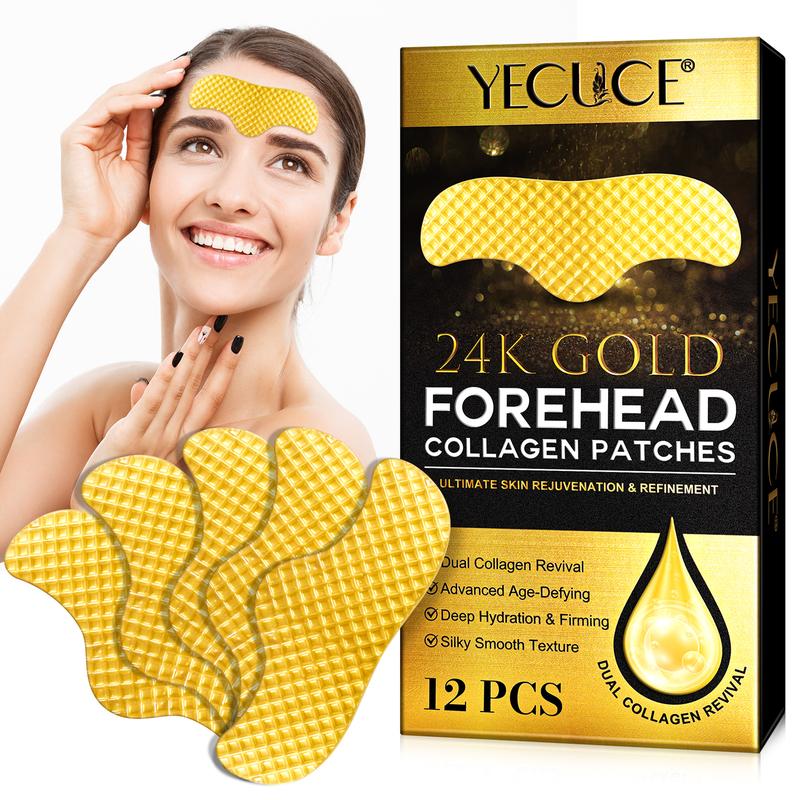 12 Pcs 24K Gold Forehead Wrinkle Patches with Collagen, Aloe & Vitamin E for Deep Hydration & Firming