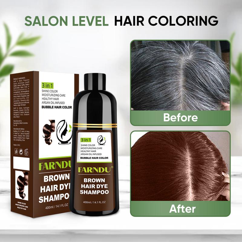 FARNDU-Hair Dye Shampoo, Gray Hair Coverage, 3 in 1 (+Shampoo+Conditioner), 5 Colors Available, 10 Mins Hair Color, Glossy and bright, For Men & Women with All Hair Types, Long Lasting, Plant extracts, Fruity aroma Ammonia-Free Mild (400 mL)-Coffee